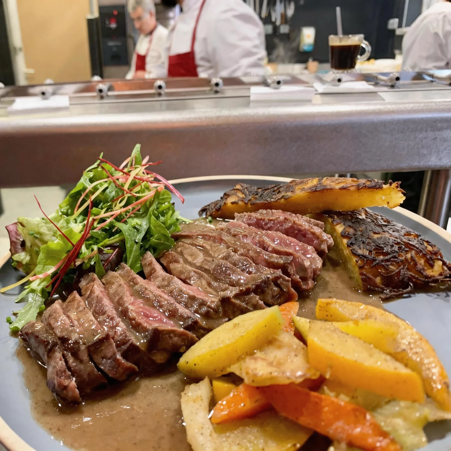 A plate of sliced meat, salad and a potato cake, set on the pass in front of the kitchen.